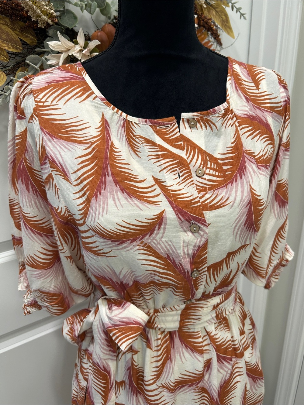 Anthropologie Cream Midi Dress with Rust and Pink Palm Print XSP New Without Tag